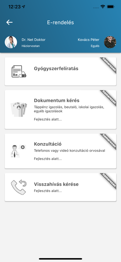NetDoktor Paciens app screen showing upcoming features for e-prescriptions document requests and doctor consultations