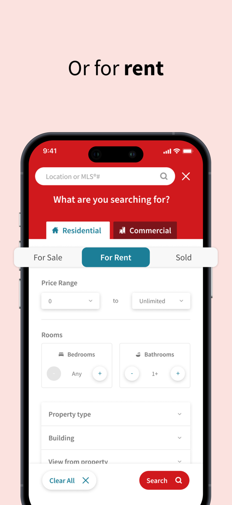 REALTOR.ca app mobile interface showing search filters for residential rental properties including price range and number of bedrooms