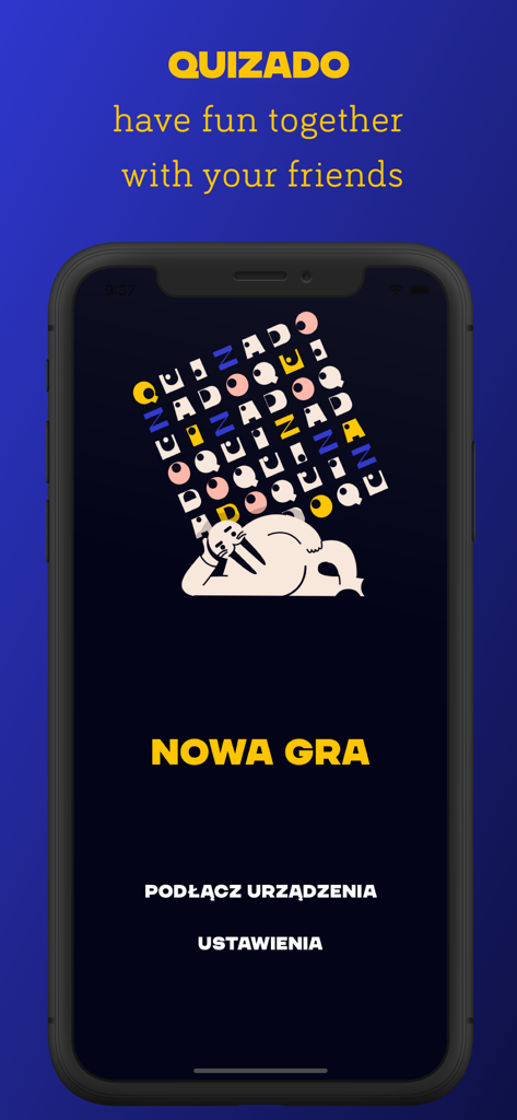 Quizado - Main menu screen of the Quizado party game app featuring a walrus illustration and navigation buttons for starting a new game