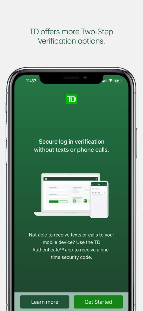 TD Authenticate - TD Authenticate app screen for secure login verification without texts or phone calls
