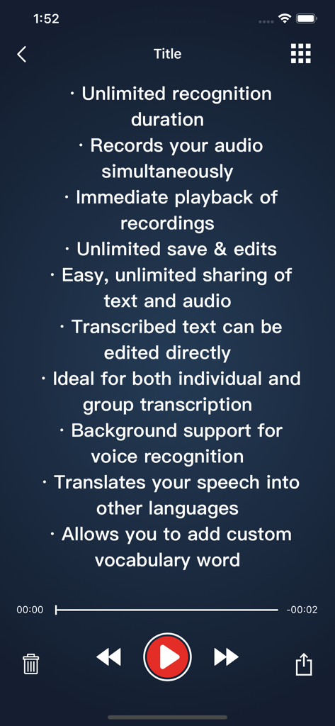 A list of features for the Speechy app including unlimited recognition duration and simultaneous audio recording.