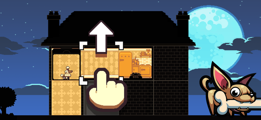 Gameplay of In The Dog House showing a room being dragged upward in a puzzle with a cartoon chihuahua in the corner.