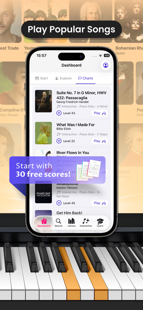 Learn Piano – OKTAV - The OKTAV app dashboard displaying a curated list of popular piano sheet music and a promotion for 30 free scores.