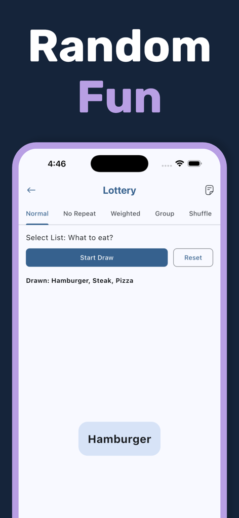 Randomizer2.0 - Pantalla de la aplicación Randomizer 2.0 que muestra un sorteo para decidir qué comer con una hamburguesa como resultado