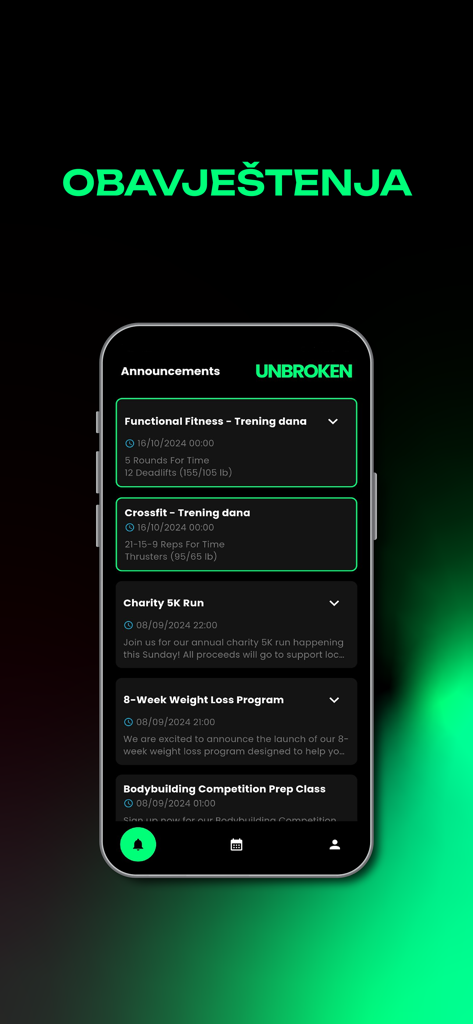 Unbroken.mne - A mobile phone screen displaying the announcements section of the Unbroken.mne app with functional fitness and CrossFit daily workouts.