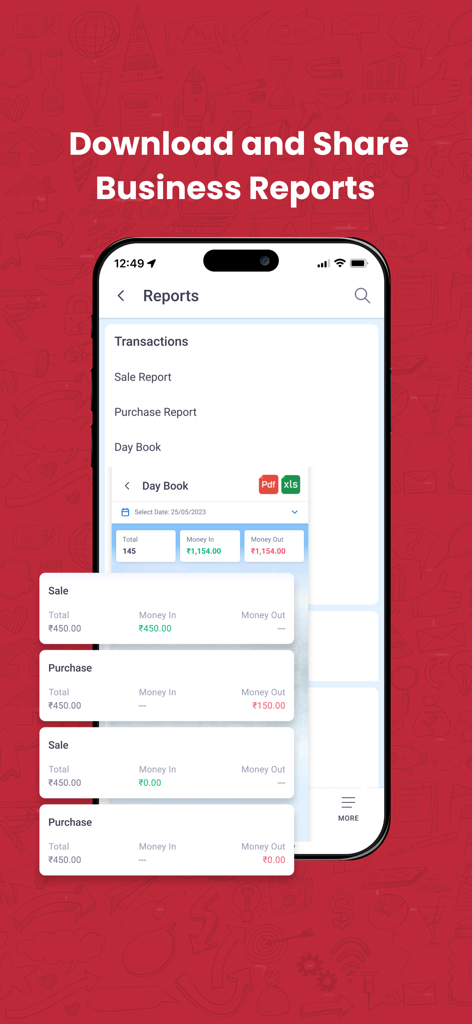 Vyapar - Billing & Accounting - Interfaccia dell'app Vyapar che mostra report aziendali per vendite e acquisti su uno schermo di smartphone