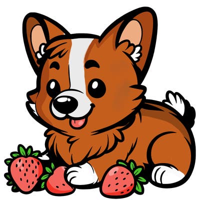 corgi dog eating strawberries