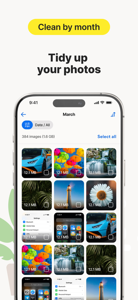 Norton Cleaner: Phone Cleanup - A smartphone screen showing the Norton Cleaner app interface for tidying up photos organized by month