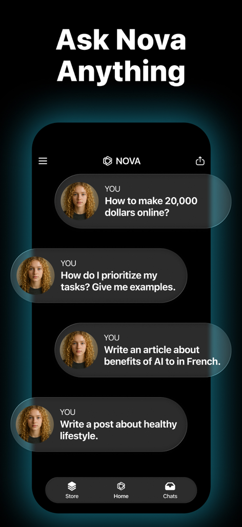 Una pantalla de smartphone que muestra la interfaz del Nova AI Chatbot con varios ejemplos de prompts para productividad y escritura