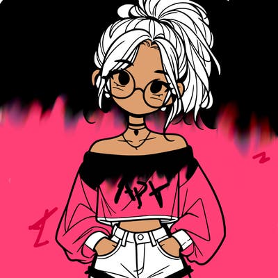 girl with a messy ponytail glasses a baggy crop top and jean shorts