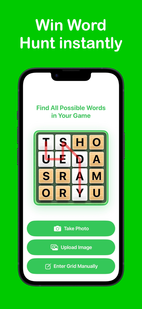 Word Hunt Solver - Word Hunt Solver app interface showing word grid analysis and image upload options