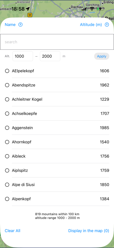 Direction explorer - Direction Explorerアプリで高度フィルタリング付きの検索可能な山のリスト。