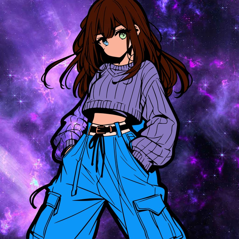 anime teen girl with baggy pants and crop top with sweater