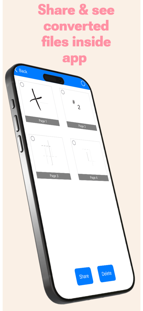 Pantalla de smartphone mostrando varias páginas de un archivo CDR convertido con botones para compartir y eliminar