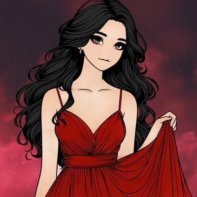 realistic girl in flowy silky prom dress