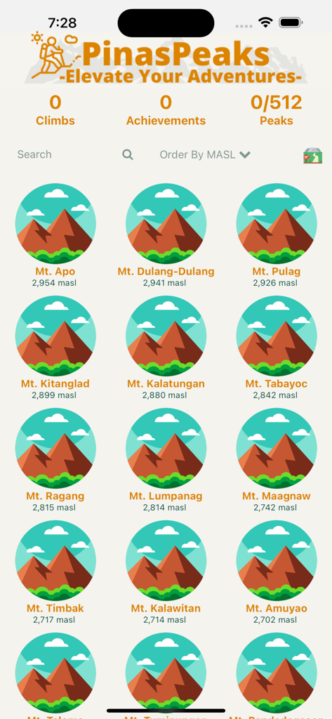 pinaspeaks - Interface of PinasPeaks app showing a grid of Philippine mountains with their elevations and tracking progress