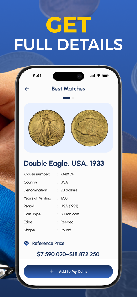 Coin Scanner & Identifier App - Una captura de pantalla de la aplicación Escáner de Monedas que muestra información detallada y un alto precio de referencia para una moneda Double Eagle de 1933.