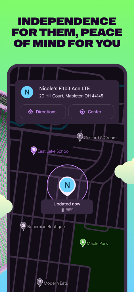 Fitbit Ace - Parental view of a child's real-time GPS location on a map in the Fitbit Ace app.
