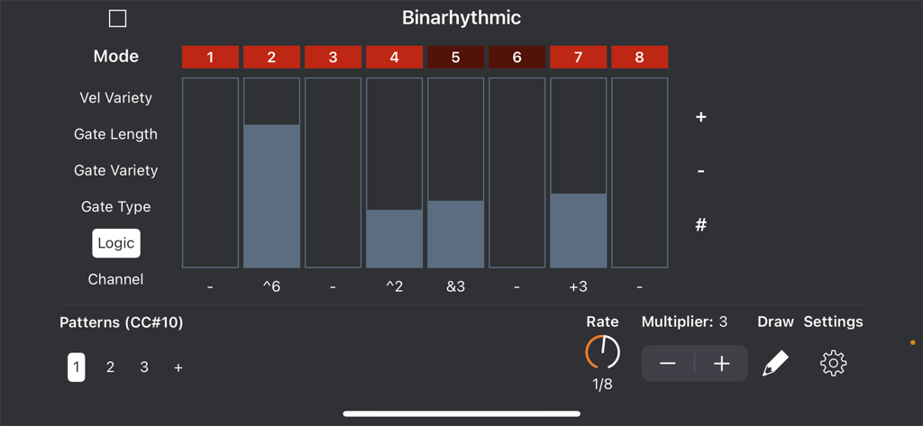 Interface do sequenciador MIDI Binarhythmic mostrando operações lógicas e configurações de trilha