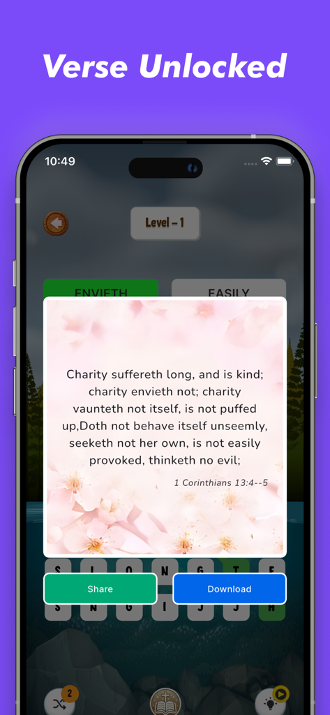 Bible Word Search Puzzle - An unlocked Bible verse from 1 Corinthians displayed on a floral card with share and download options in the Bible Word Search Puzzle app