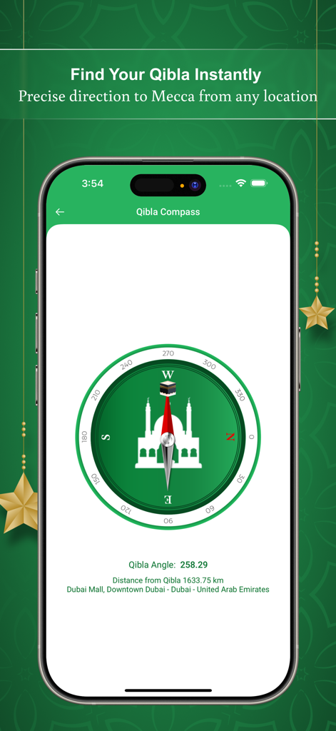 Muslim Prayer Times - Athan - L'écran d'un smartphone affichant une boussole numérique Qibla pointant vers la Kaaba, avec l'angle et la distance par rapport à La Mecque.