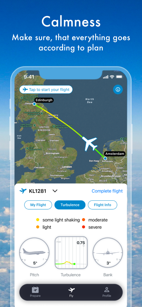 Écran de smartphone montrant l'application Flight Buddy avec une carte d'itinéraire de vol et un tableau de bord de surveillance des turbulences en temps réel.