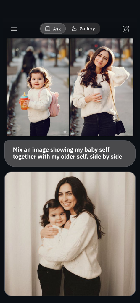 Gimin AI photo editor merging a childhood photo and an adult photo into one realistic image