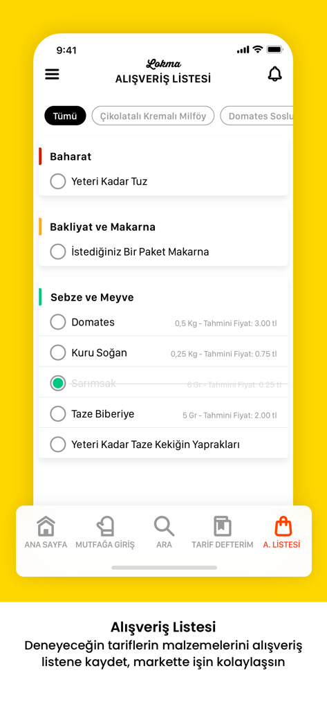 Interface of the Lokma recipe app showing a categorized grocery shopping list with estimated ingredient prices.