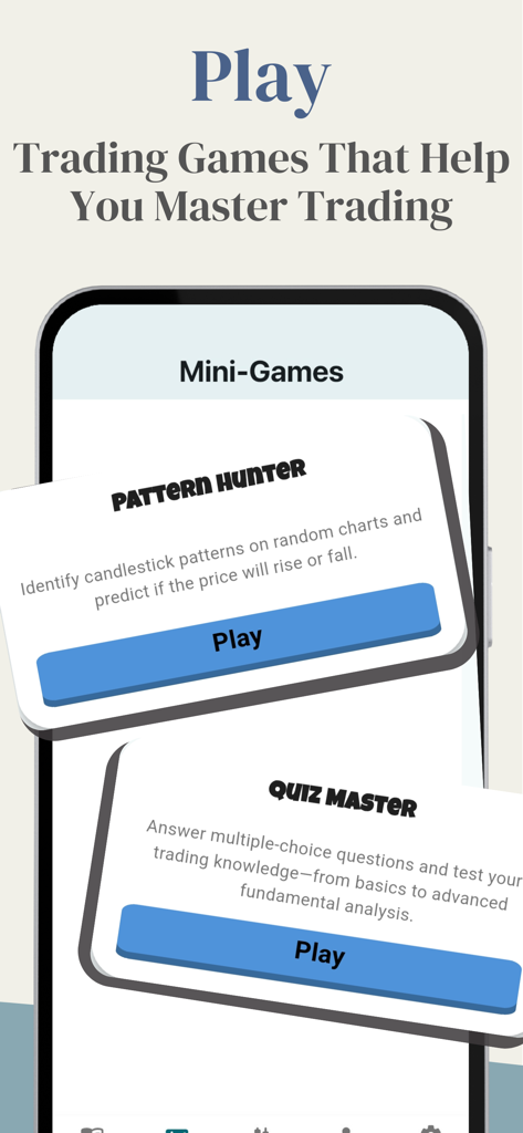 Interface de l'application "Simulateur de Day Trading" montrant des mini-jeux de trading comme "Chasseur de Figures" et "Maître Quiz".