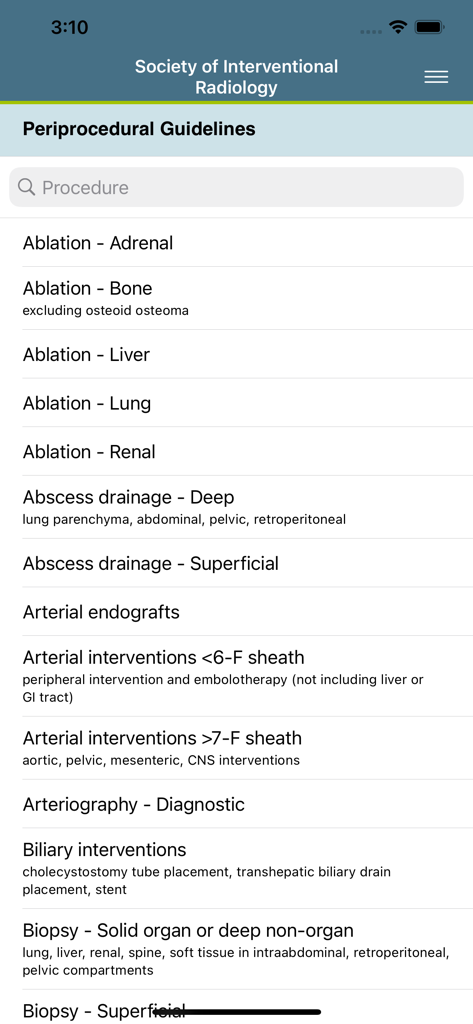 Searchable list of periprocedural guidelines and interventional radiology procedures in the SIR Guidelines app