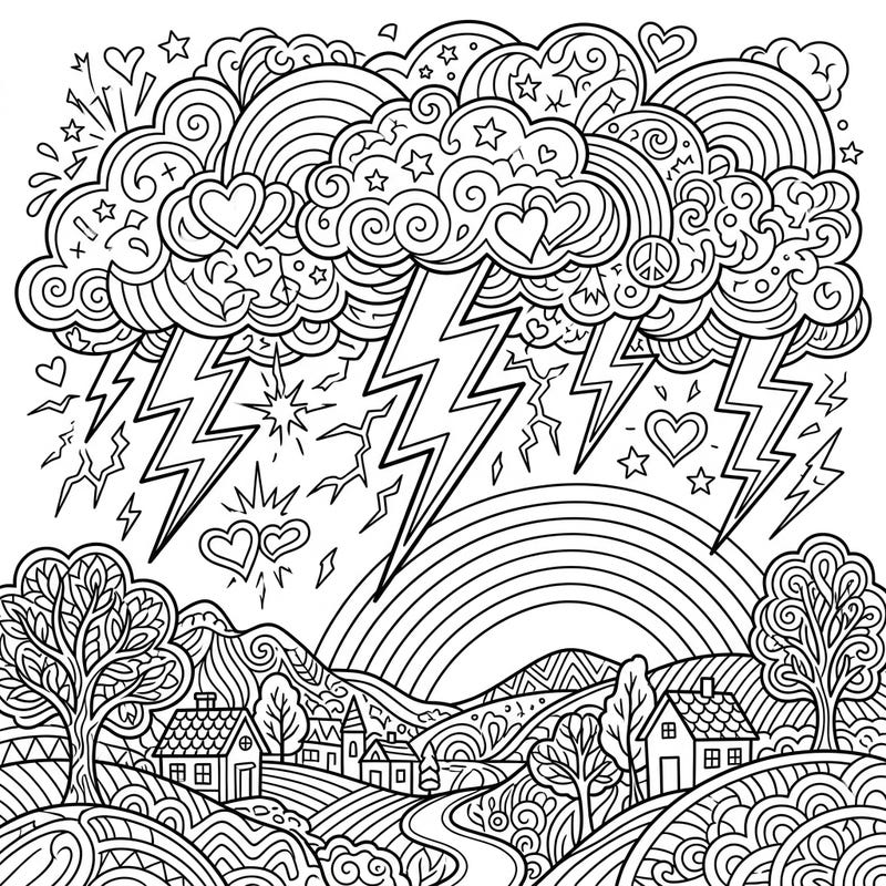 Dive into a unique blend of power and joy with our Thunder x Pride coloring page. This intricate design celebrates diversity with stylized lightning, rainbows, and symbols of love amidst a beautiful landscape.