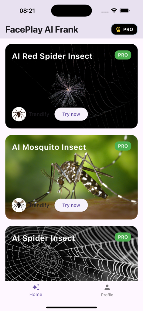 FacePlay: FaceAI Frank Video - Interface do aplicativo FacePlay mostrando filtros AR de IA de aranha e mosquito para vídeos de rastreamento facial