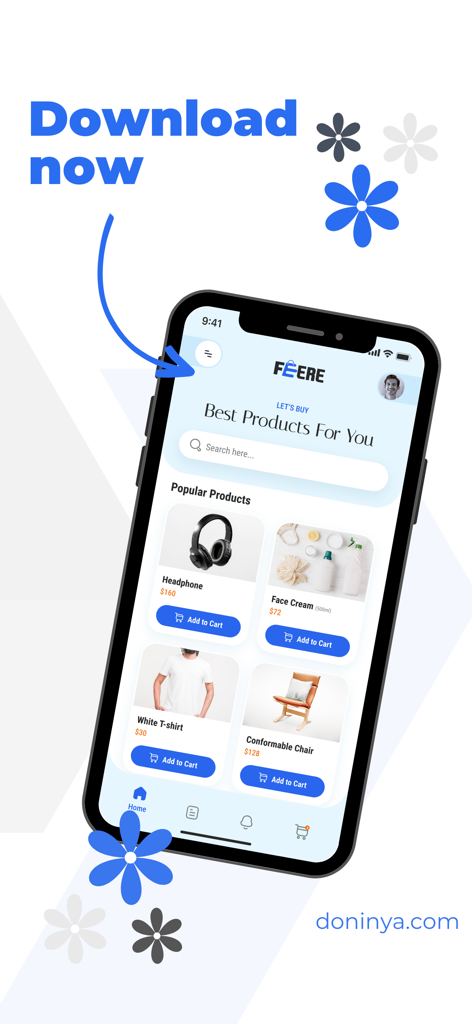 Feere mobile shopping app interface on an iPhone displaying popular products and a search bar