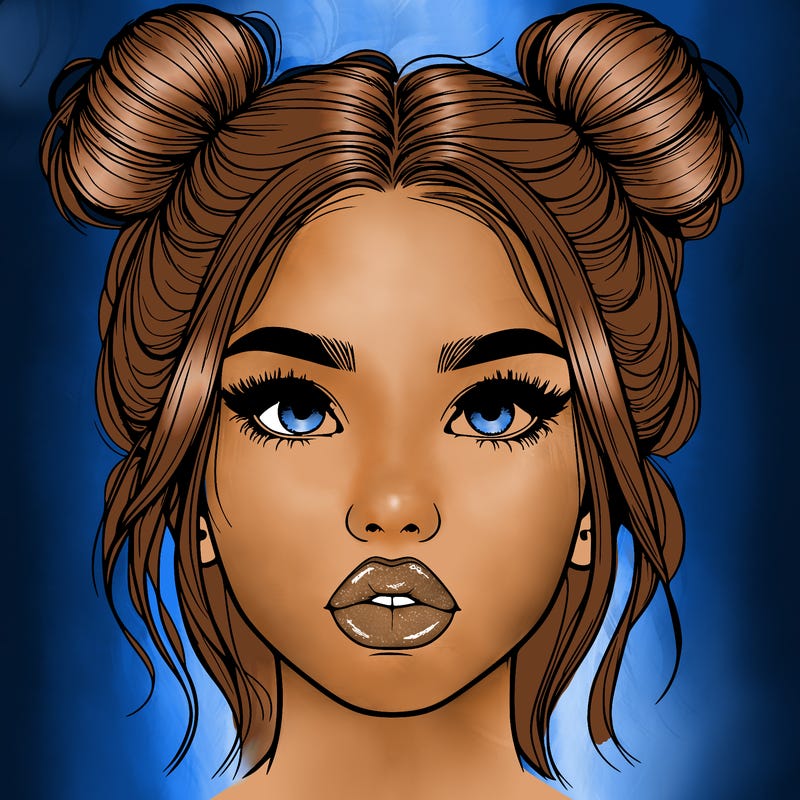 realistic girl with two buns on her hair and lips