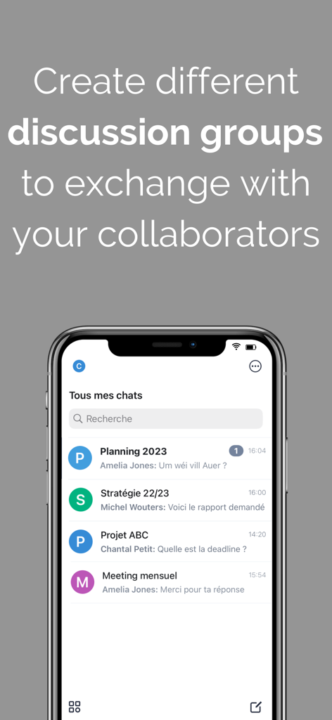 Luxchat4Gov - Interface of the Luxchat4Gov app showing various professional discussion groups and chat messages on a mobile device.
