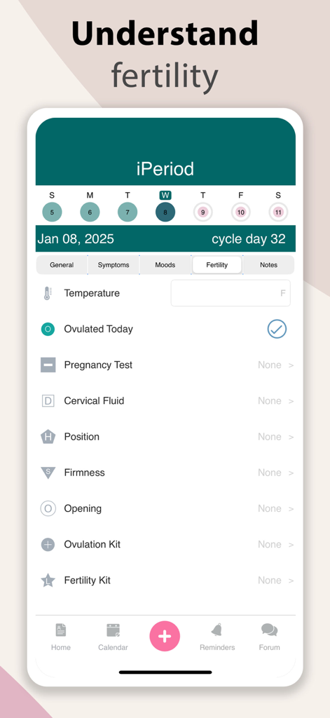 iPeriod Period Tracker + - Interface de l'application iPeriod montrant des données détaillées de suivi de fertilité, y compris les journaux d'ovulation et de température