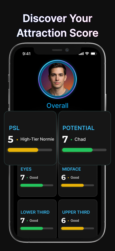 PSL AI-Jawmax,Looksmax & Mog - A smartphone interface displaying facial analysis results with various attraction scores and labels like high-tier normie and chad