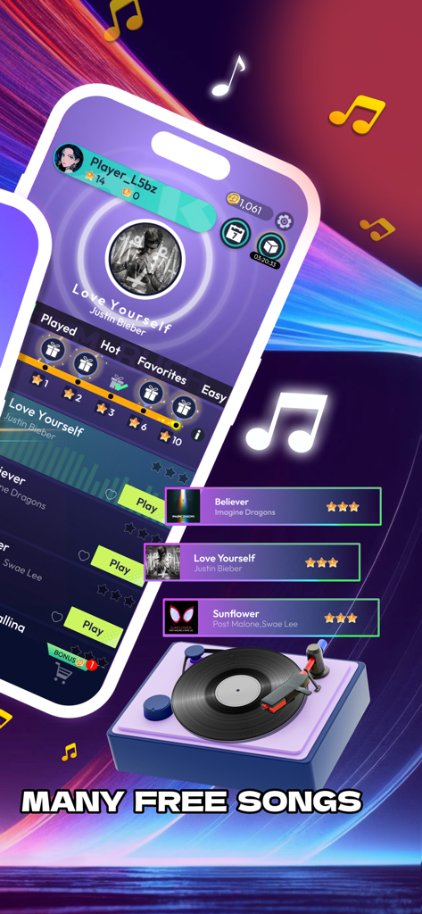 Rhythm Tiles : Piano Game - Pantalla de selección de canciones del juego Rhythm Tiles Piano Game mostrando canciones populares y un tocadiscos