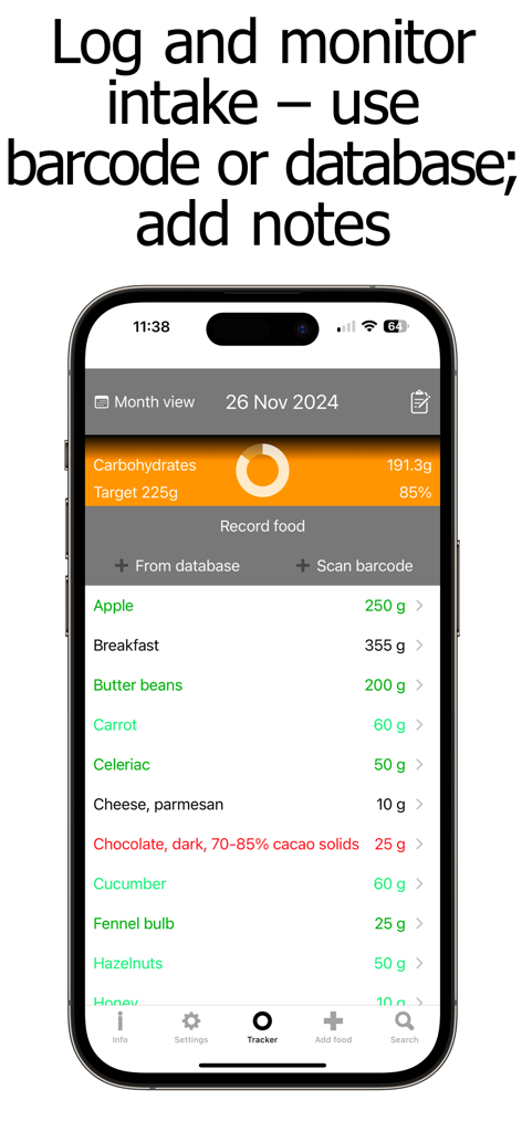 Carb Counter and Tracker - Daily carbohydrate tracking screen showing logged foods and carb intake progress.