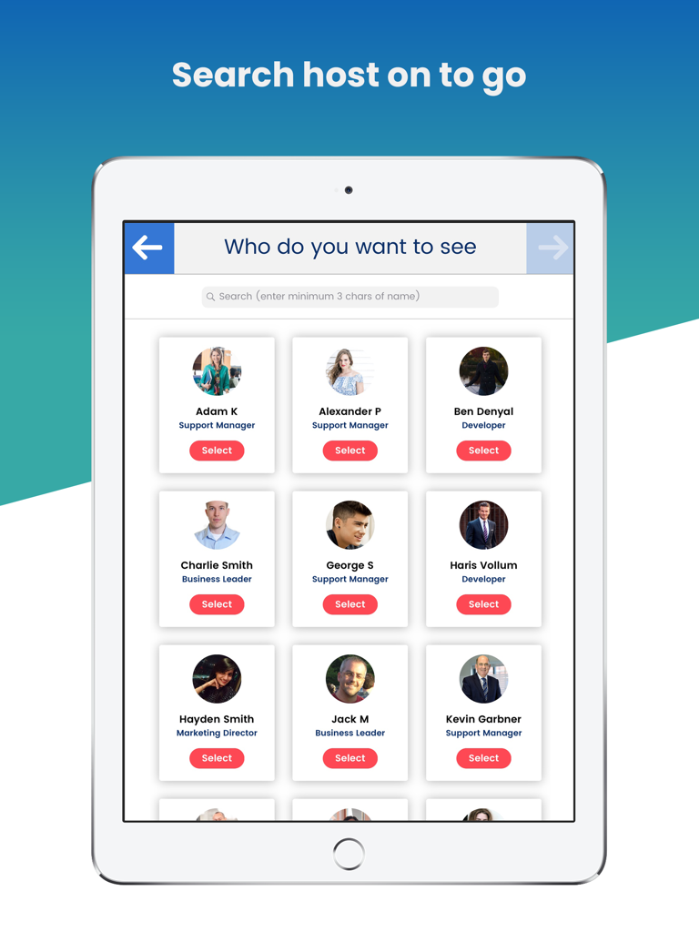 CoReceptionist - Visitor Kiosk - Staff directory interface on CoReceptionist visitor management kiosk app showing host profiles.