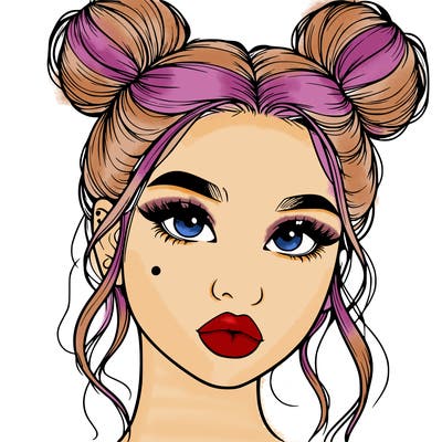 realistic girl with two buns on her hair and lips