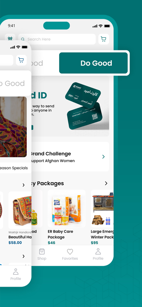 Interface of the Aseel app showing the Do Good section with humanitarian aid packages and OMID ID tracking card