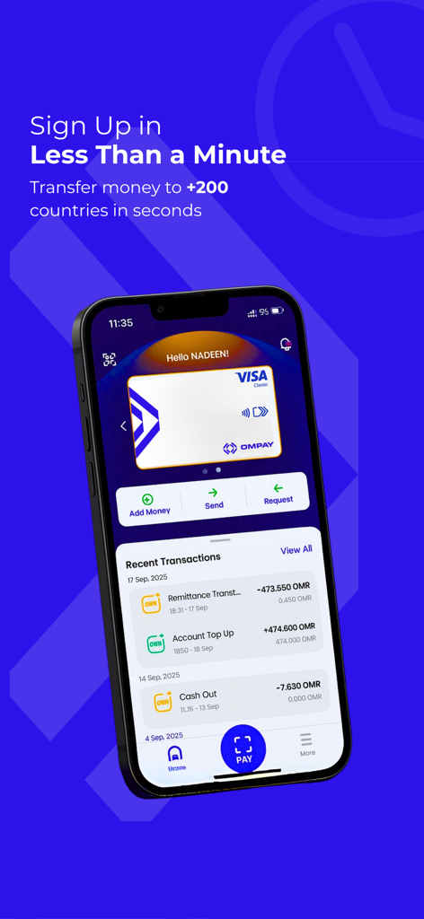 OMPAY - The home screen of the OMPAY mobile app displaying a digital wallet card and transaction list