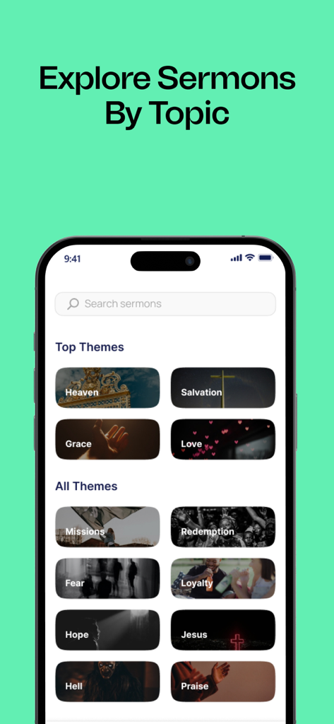 Pantalla de la aplicación móvil mostrando varios temas de sermones cristianos como Cielo, Salvación y Gracia