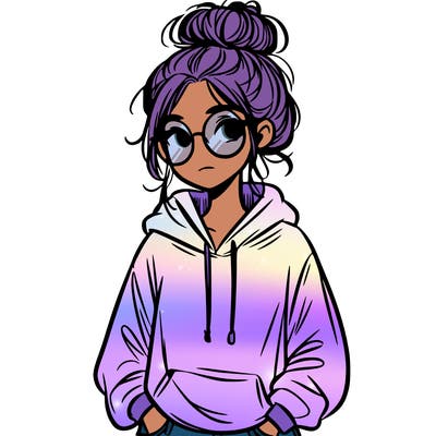 teen girl with a messy bun and glasses wearing a loose hoodie and jeans