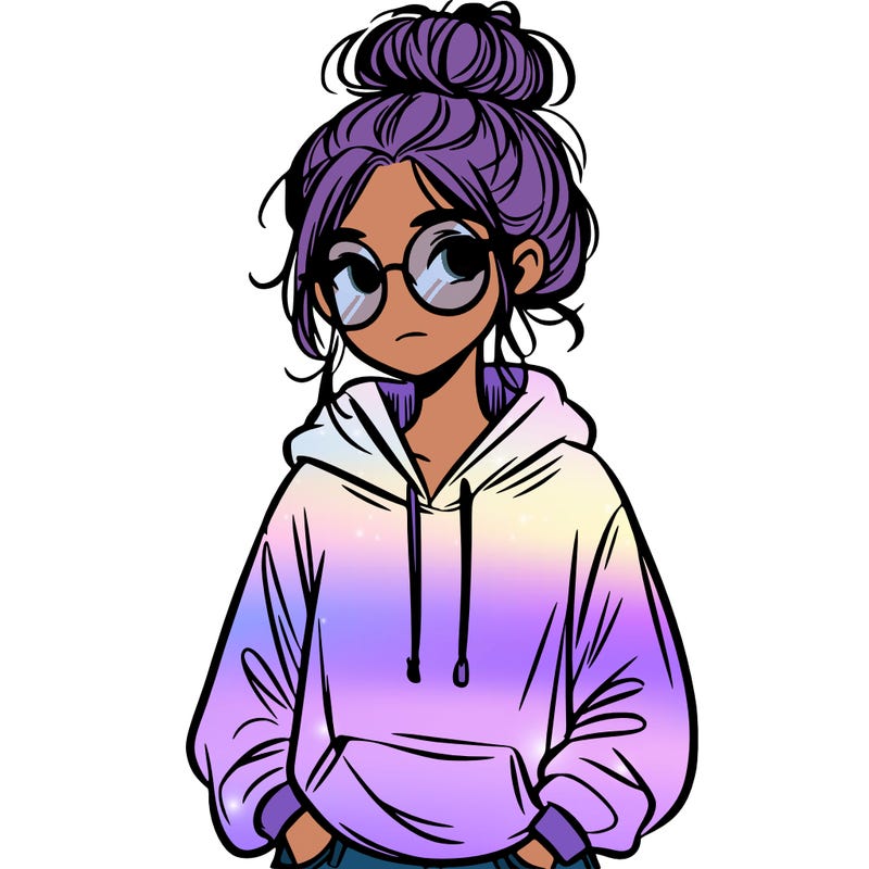 teen girl with a messy bun and glasses wearing a loose hoodie and jeans