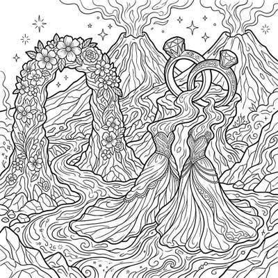 Dive into an extraordinary coloring experience with this mesmerizing lava flow wedding scene. Erupting volcanoes set a dramatic backdrop for flowing bridal gowns and intertwining rings, creating a truly unique celebration of love.