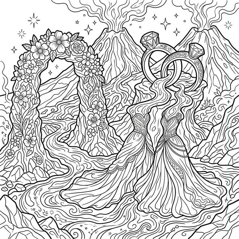 Dive into an extraordinary coloring experience with this mesmerizing lava flow wedding scene. Erupting volcanoes set a dramatic backdrop for flowing bridal gowns and intertwining rings, creating a truly unique celebration of love.