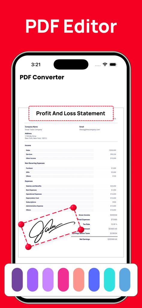 iPhoneで損益計算書に電子署名を追加している様子を示すPDFエディターインターフェイス