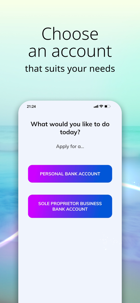 Apply@HLB app interface showing options to choose between opening a Personal Bank Account or a Sole Proprietor Business Bank Account.